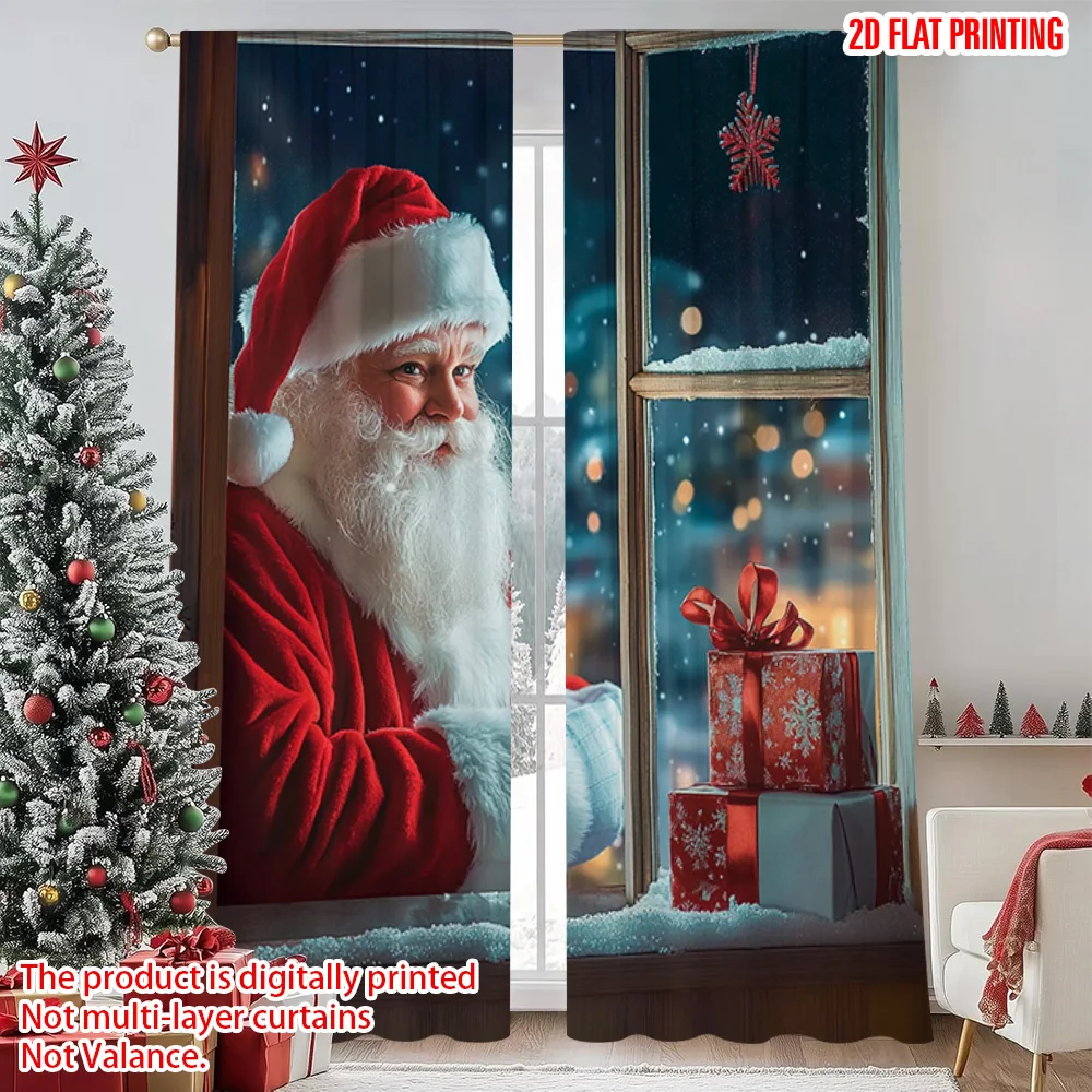 

2pcs 2D flat printing Merry Christmas Scene Curtains Santa Claus outside the window Versatile Polyester Fabric Without
