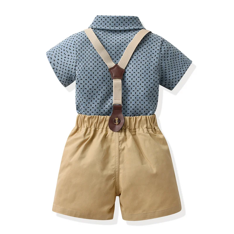 Conjunto de ropa informal para niños pequeños, camiseta de manga corta con pajarita, pantalones cortos con tirantes, 2 piezas