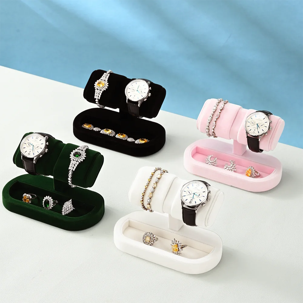 WoodTen Velvet Watch Jewelry Display Stand Multi‑Functional Desktop Holder for Watch Ring Earring Bracelet, Jewelry Organizer