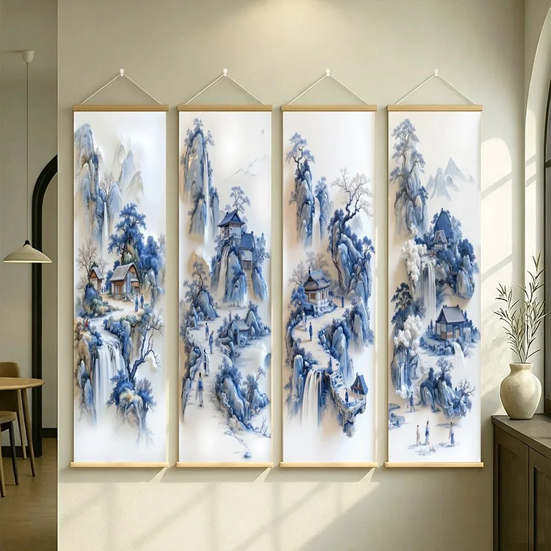 Cobalt Blue Chinoiserie Wall Hanging Set Snowy Peaks Waterfalls and Pavilions for Furniture Showroom and Model Home Decor