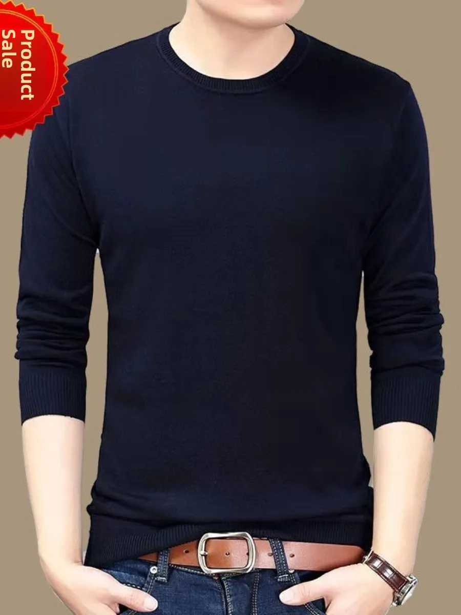 

Весенне-осенний тонкий длинный вязаный свитер однотонного цвета с круглым вырезом для молодых мужчин, зимний тонкий трикотаж