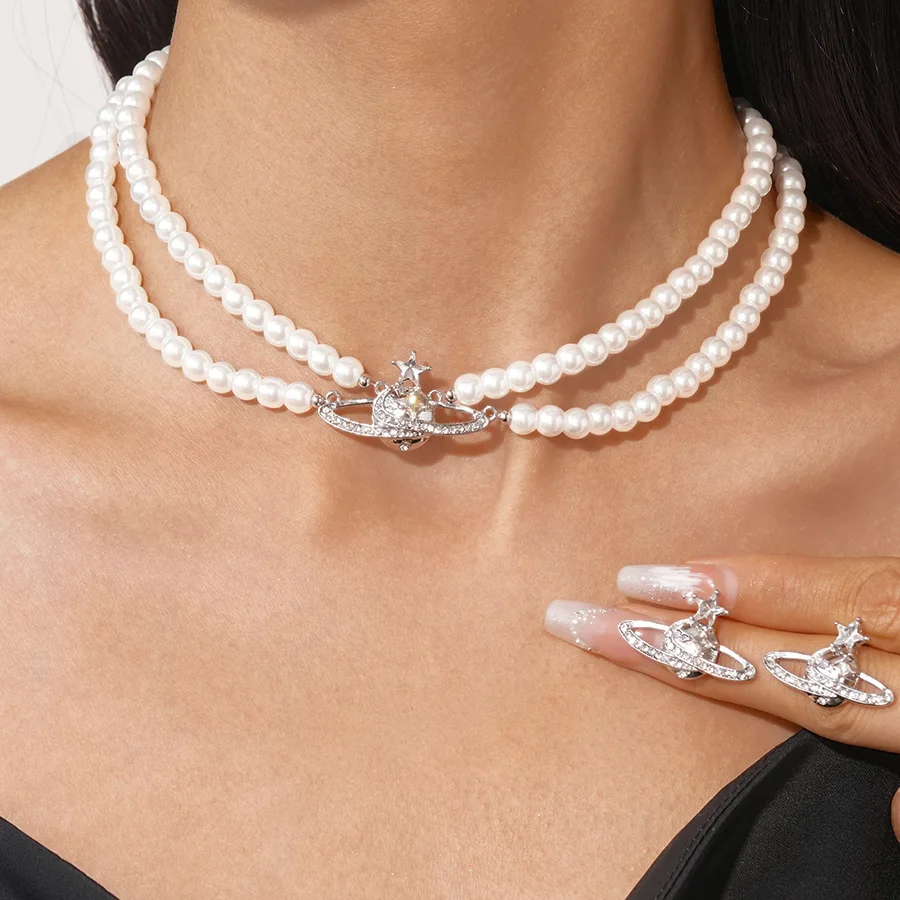 ضوء فاخر اللؤلؤ الماس زحل مزدوج الترقوة قلادة عالية الشعور المتخصصة تصميم مزاجه قلادة المرأة