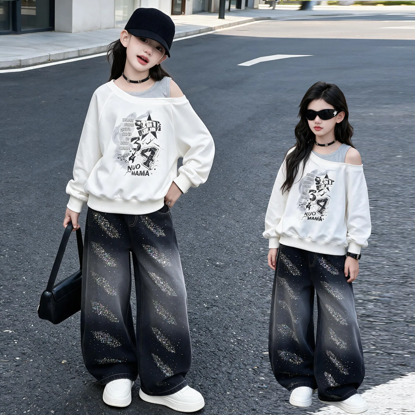 1pc top 2026 autumn winter Girls clothes Baby letter Off Shoulder Fake-Two-Piece t-shirt Sweatshirt teenager Kid 4 10 11 12 year