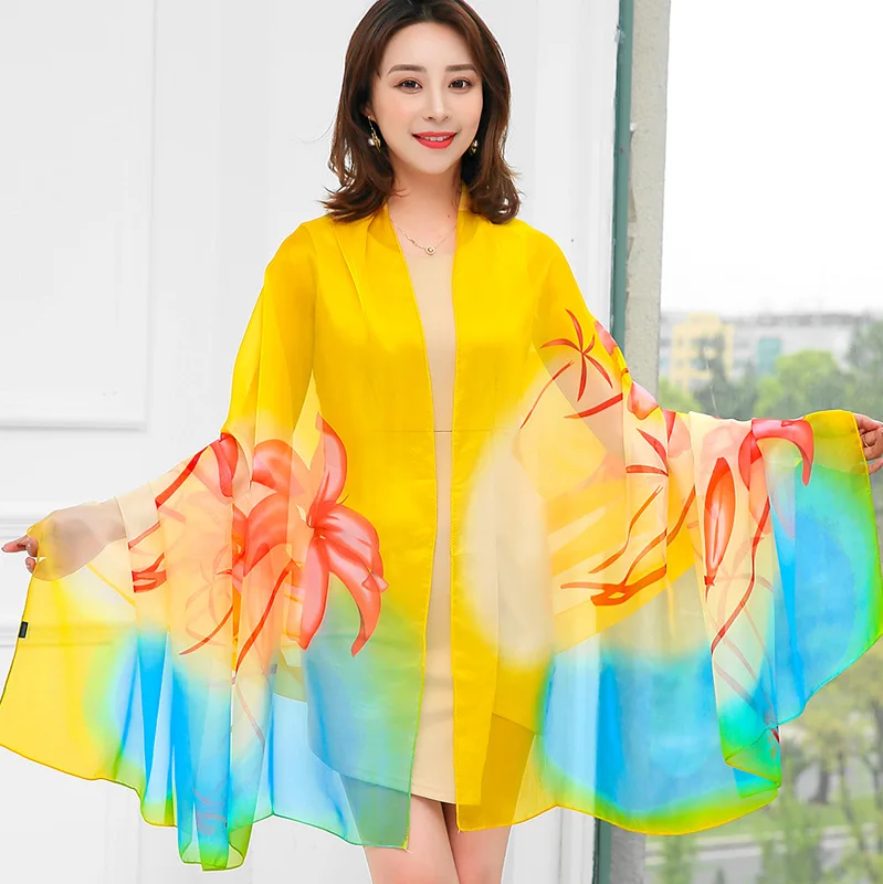 2023 Summer Sunscreen Shawl Women Outdoor Wrap Silk Chiffon Muffler Cover Up Foulard Female Beach Style Summer Pareo Swimwear