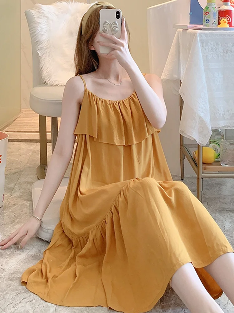 

2023 New Women's Summer Lightweight Cotton Silk Nightgown Loose Home Clothes Sweet Sle Spwear Comfortable V-Ne Dr