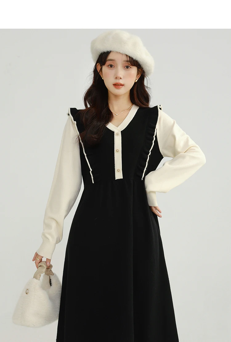Robe Patchwork contrastée pour femmes, faux deux pièces, col de poupée, robe trapèze, Style français, décontractée, élégante, douce, Slim, tenues d'hiver