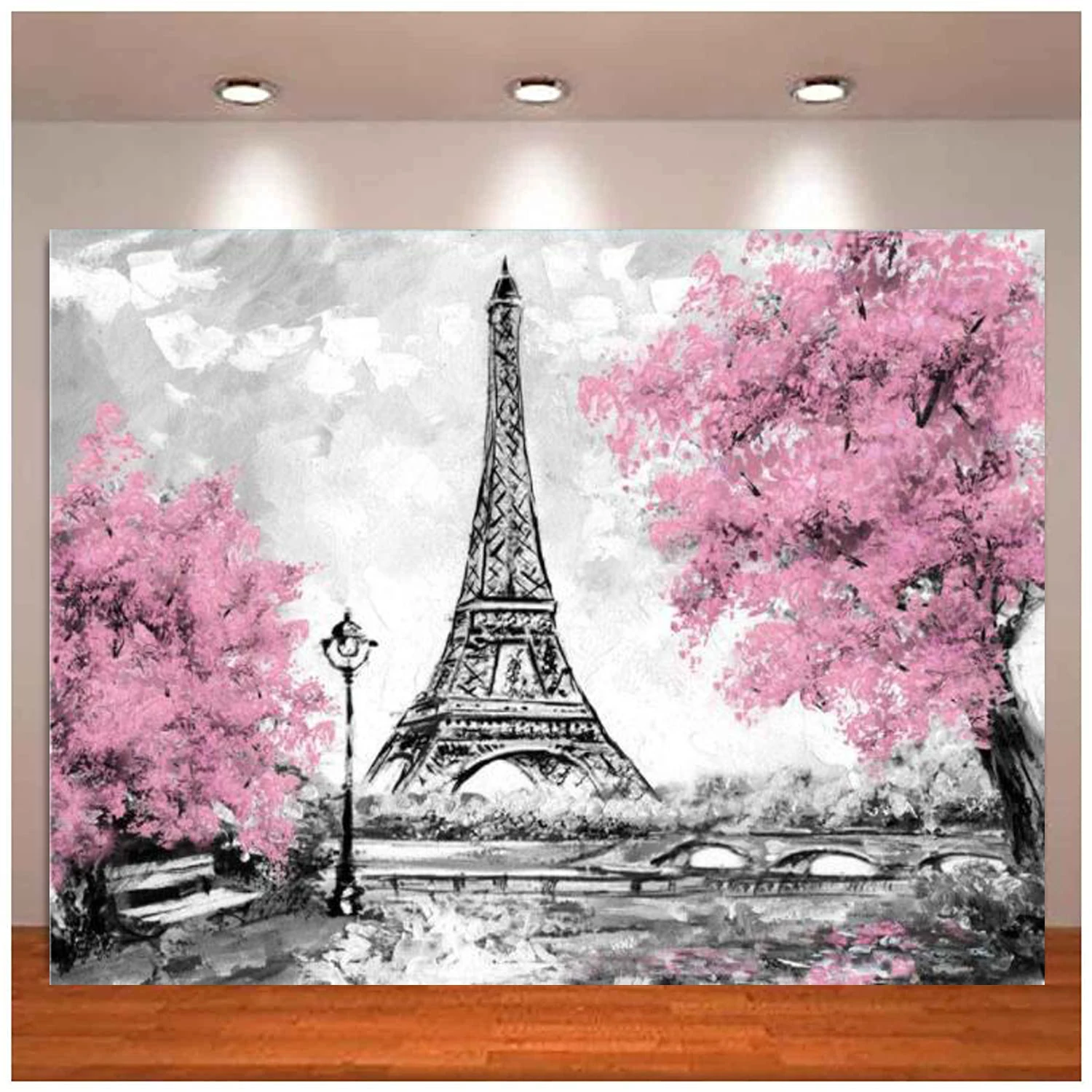 

Pink Flowers Trees Eiffel Tower Photography Backdrop Gray Paris Photo Studio Props Banner Wedding Theme Party Background