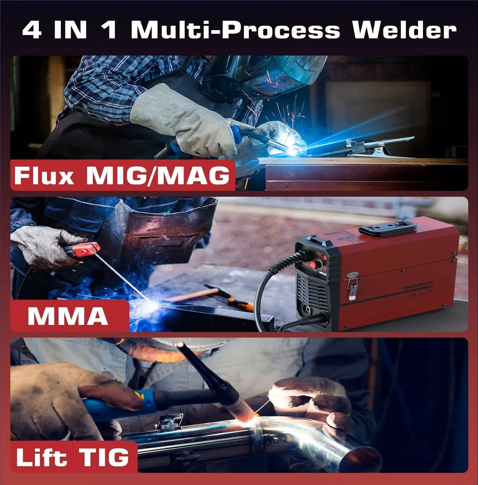 ARCCAPTAIN 4 in 1 MIG MAG Gas Welding Machine DC 140A Gasless Flux Core MIG Lift TIG Stick Synergy Digtal Contol For Soldering