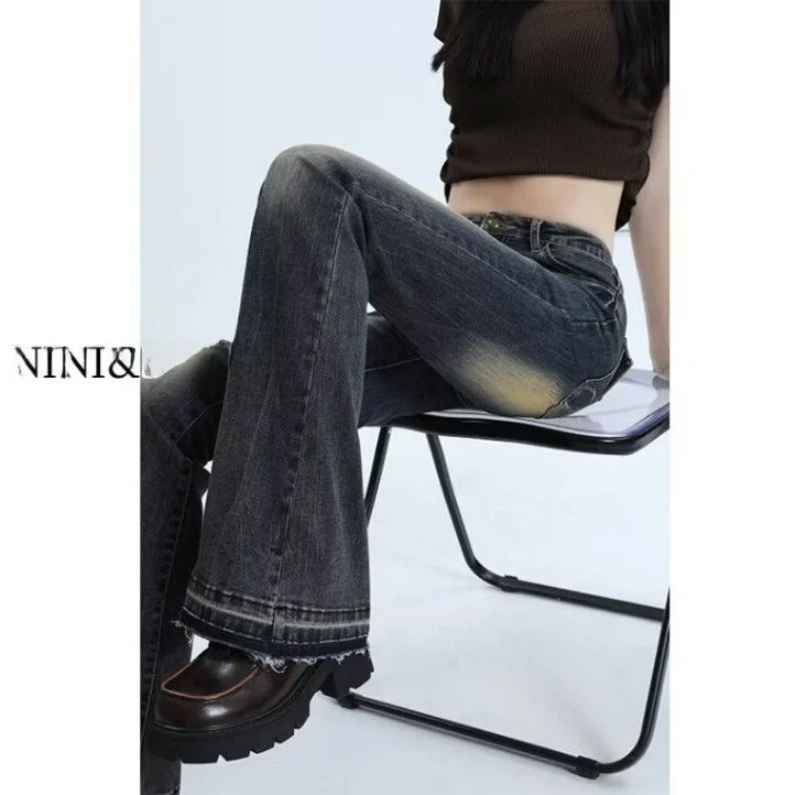 

Spring Autumn High Waist Slim Fit Jeans Embroidered Bell Bot Elastic Casual Cotton Polyester Blend Comfortable Blue Jeans