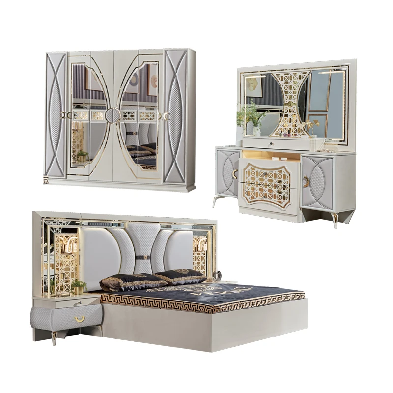 New Launch Glossy White Modern Glass Bedroom Set Extra Large Mirror Bedroom Furniture Product Set with Light