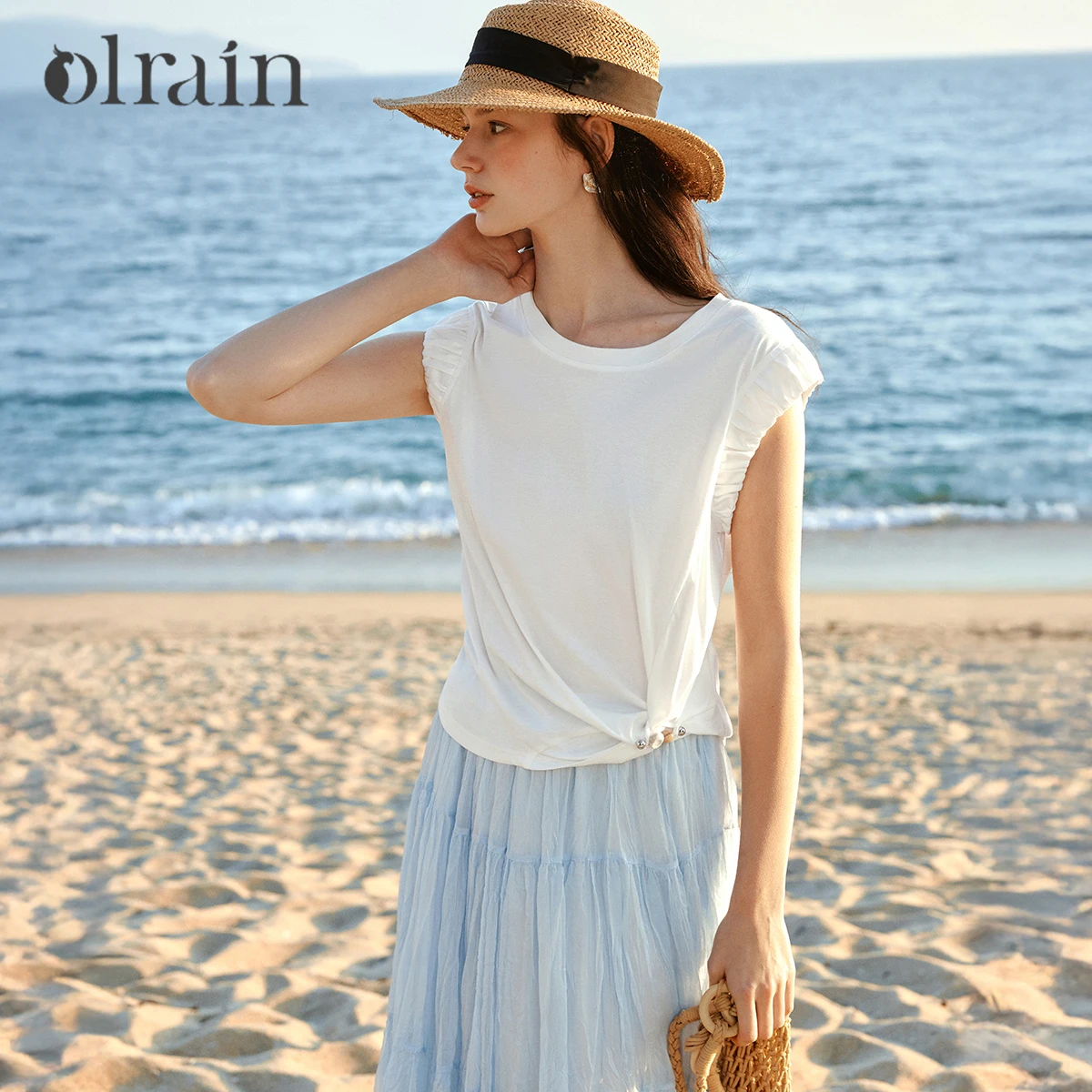 OLrain White Bead Button Twist Hem Cloud Sleeve T-shirt 2026 Summer Simple Round Neck Solid Cotton Blend Top Women O58XT001800