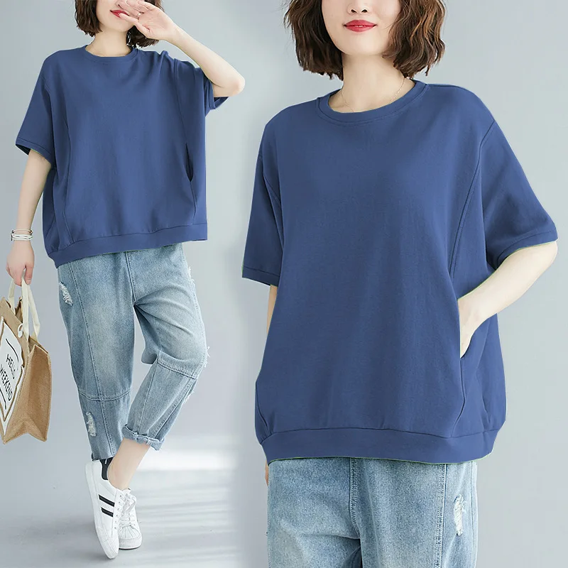 

Casual Crew-neck T-shirt Solid Color Versatile Loose Fit Slimming Short Sleeve Top
