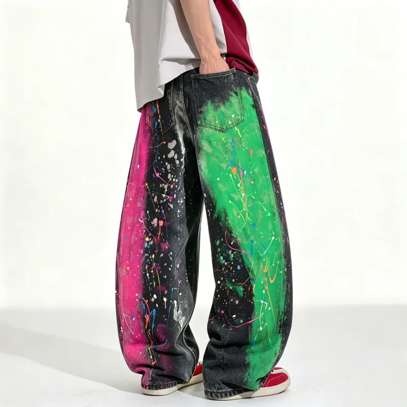 MWJLPWQ Graffiti Color Blocked Versatile Jeans Men's Fashion Washed Loose Casual Curved Knife Pants 2026 Autumn New Tide 17794