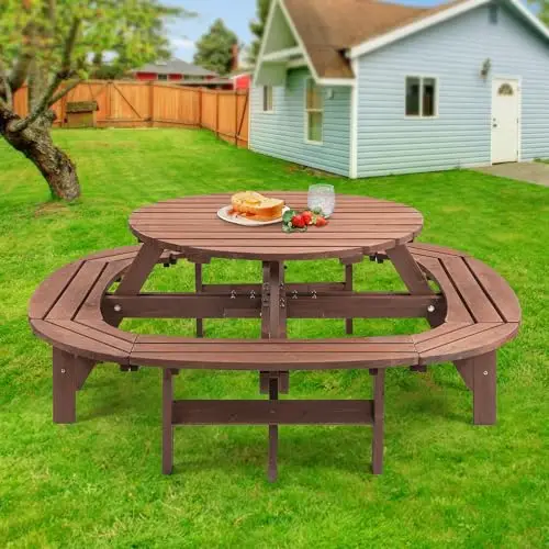 12-Person Outdoor Circular Wooden Picnic Table, Camping Dining Table with Built-in Benches, Outside Table Set with
