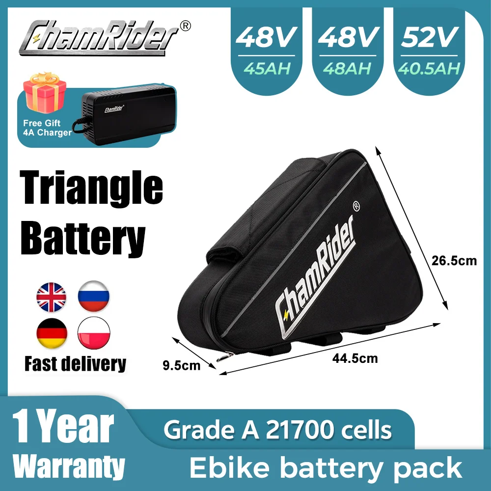 ChamRider grand Triangle batterie 48V Ebike batterie 48AH 45AH batterie de vélo électrique 52V cellule 21700 Lithium 50A BMS
