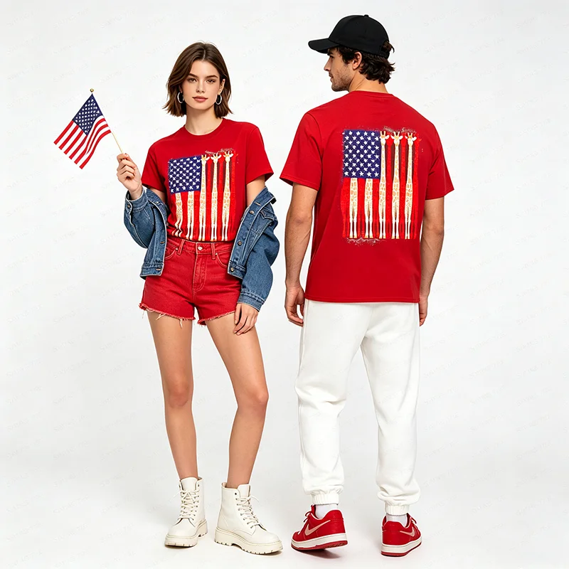 Lustiges Giraffen-T-Shirt mit amerikanischer Flagge, patriotisches 4. Juli T-Shirt, Y2k, niedlicher Tierdruck, US-Flaggen-Grafik, Damen- und Herrenbekleidung, Baumwoll-T-Shirts – Detail 7