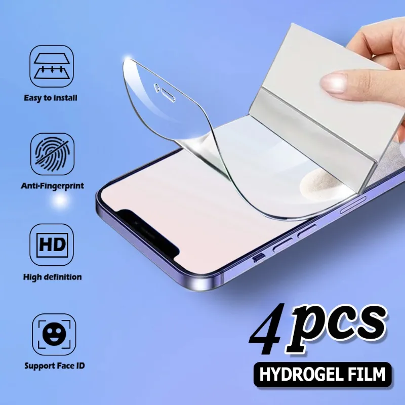 HD 하이드로겔 스크린 보호대, 광택 TPU 부드러운 터치, 버블 프리 보호 필름, 아이폰 16, 15, 14, 13, 12, 11 프로 맥스, 4 팩