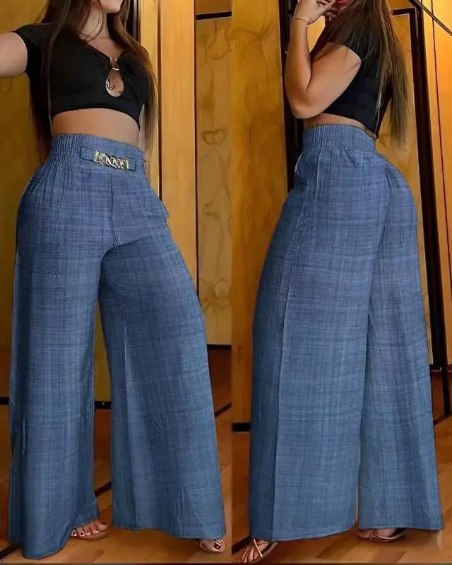 Summer Chain Decor High Waist Wide Leg Pants New Spring Elegant Women Black Casual Pocket Loose Street Trousers Y2k Long Pant