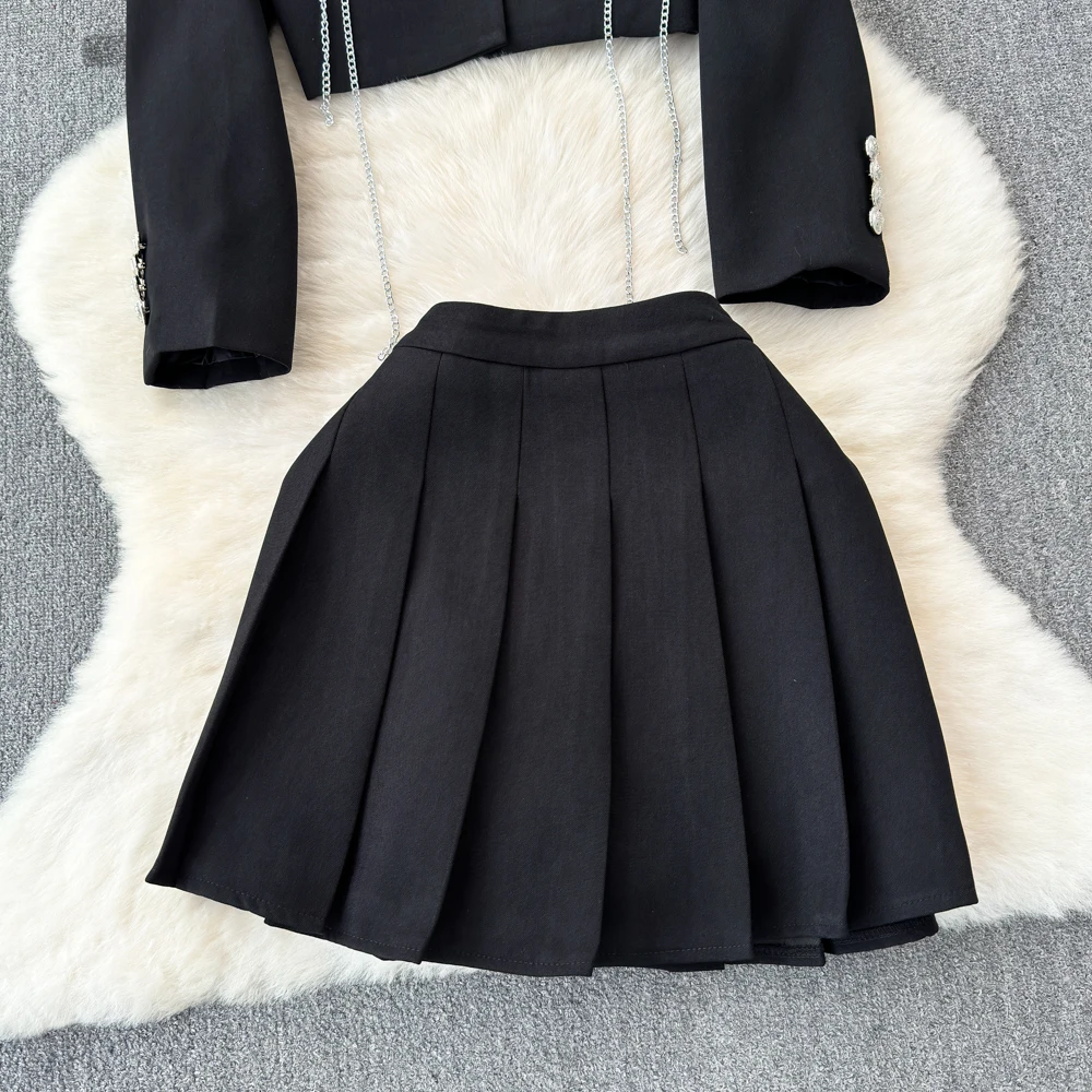 2024 primavera autunno Bomb Jacket gonna a due pezzi Streetwear Black Chain Suit gonna Casual allentata da donna minigonna a due pezzi