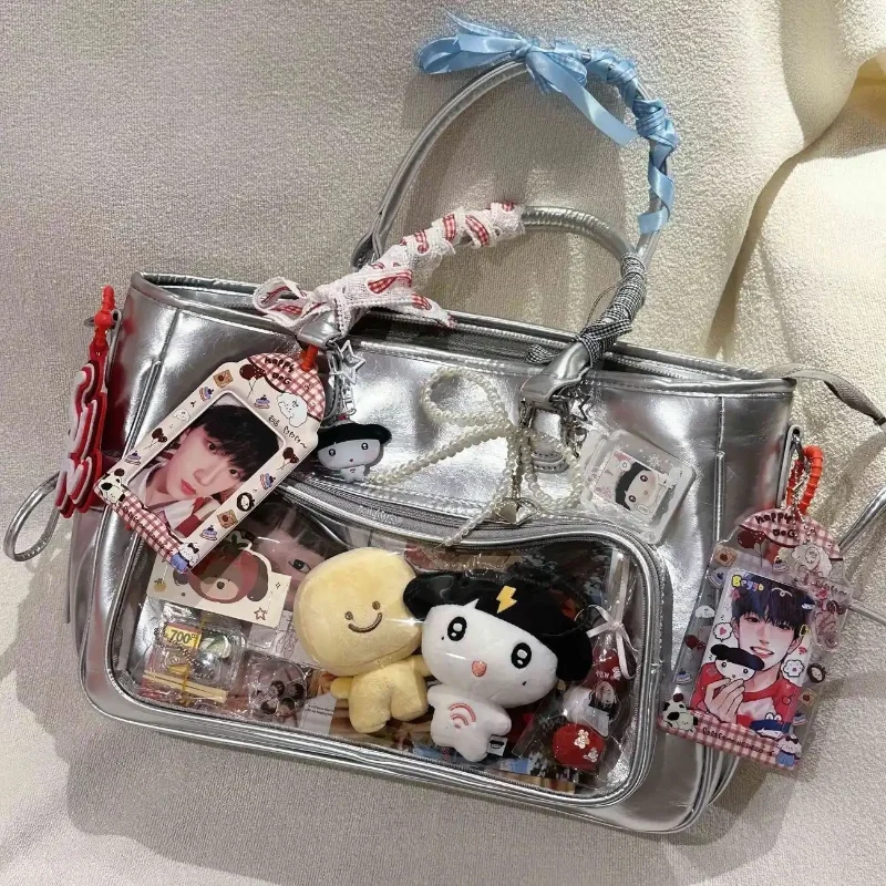 

White PU Large Capacity Ita Bag, Transparent Window Tote Bag for Anime Badges Plushies, Kawaii JK Style Handbag
