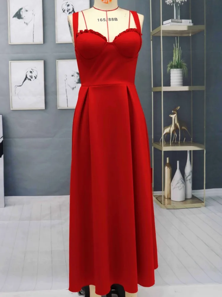 Women\'s Formal Wrap Red Midi Dress V Neck Sleeveless Summer Ladies Elegant Sexy Strap Evening Cocktail Party Gown Ceremony Dress