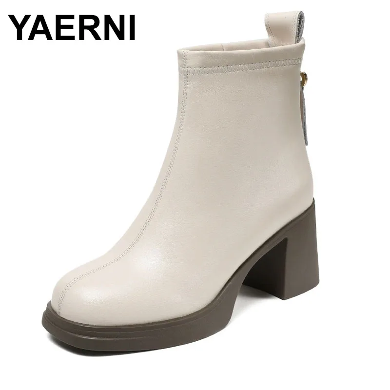 

Women Winter Ankle Boots Thick High Heel 7cm Genuine Leather Back Zipper Concise Plush Warm Shoes Casual Short Boots