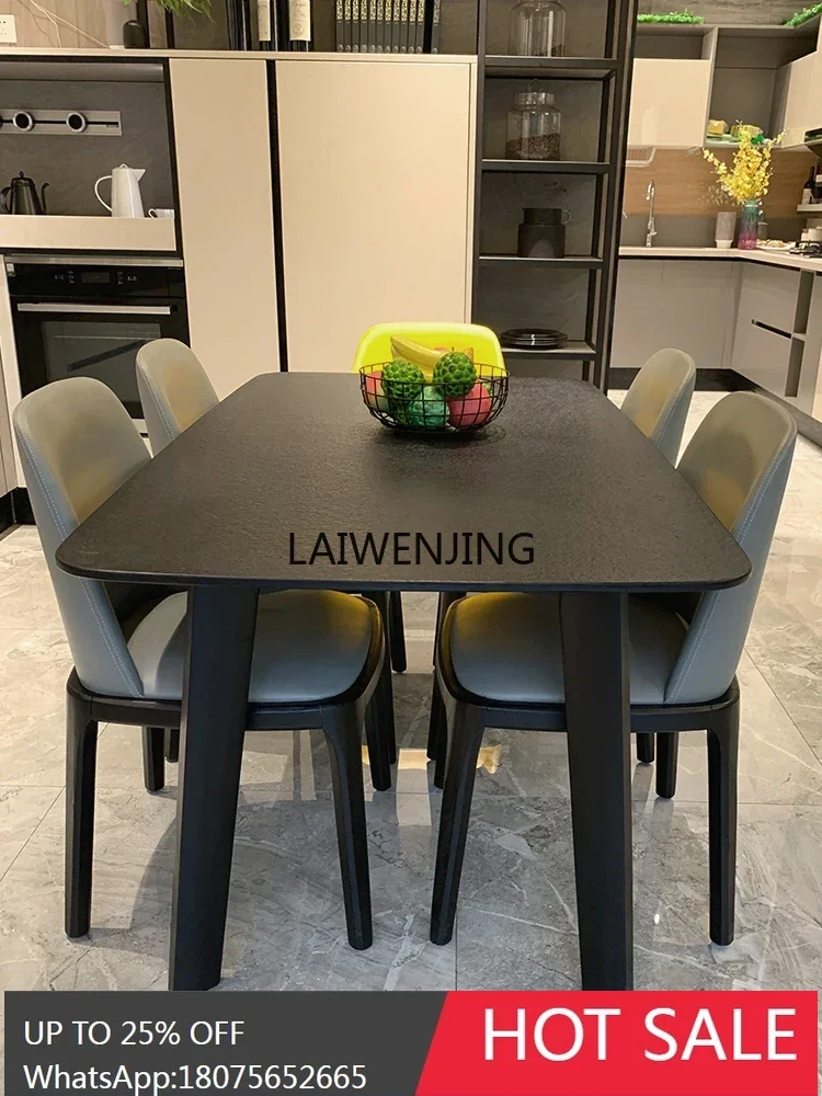 

Nordic rock slab fire stone solid wood dining table and chair combination rectangular volcanic stone dining table