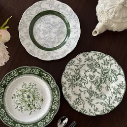 Vintage Relief Ceramic Plate Green Creative Flower Dining Plates Household Delicious Dishes Trays Exquisite Soup Bowls Tableware