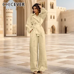 CHICEVER Set di pantaloni a gamba larga in due pezzi per donna Camicia con lacci impiombata a maniche lunghe in risvolto Pantaloni elastici a vita alta Set casual femminile