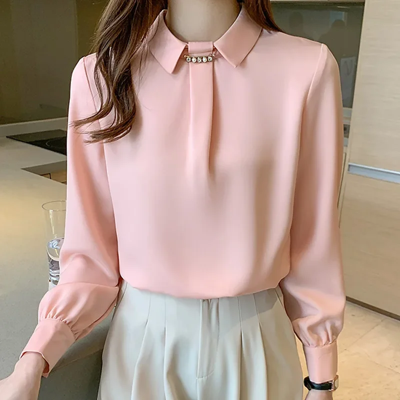 

2025 офисная женская блузка с длинным рукавом и отложным воротником, женская блузка белого цвета, атласная элегантная мягкая блузка, рубашка, женские топы Blusas De Mujer N642