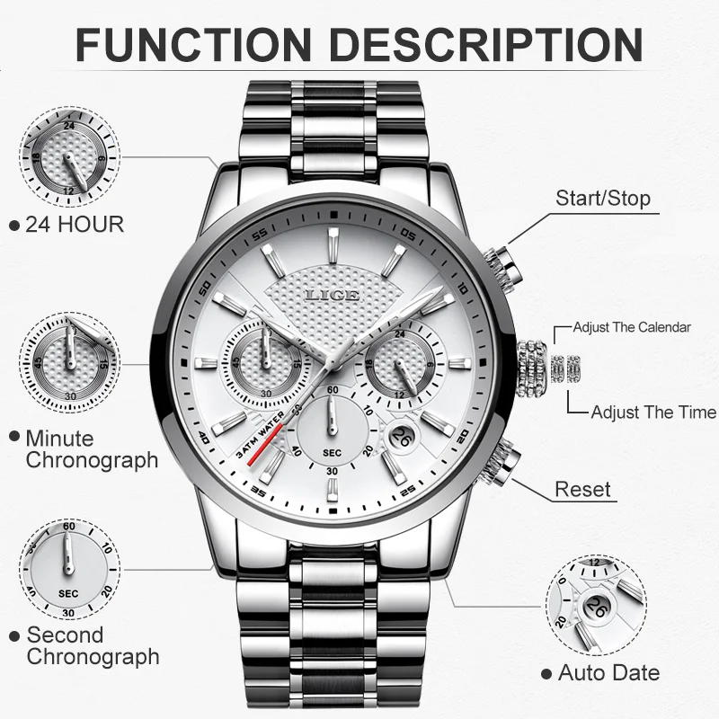 Watches Mens New LIGE Top Brand Luxury Casual Stainless Quartz Mens Watch Business Clock Male Sports Waterproof Date Chronograph