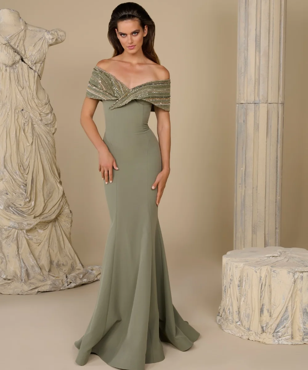 

Customized Fashion Jersey Pleat Sequined Pearl Mermaid Off-the-shoulder Long Dresses Bespoke Occasion Homecoming