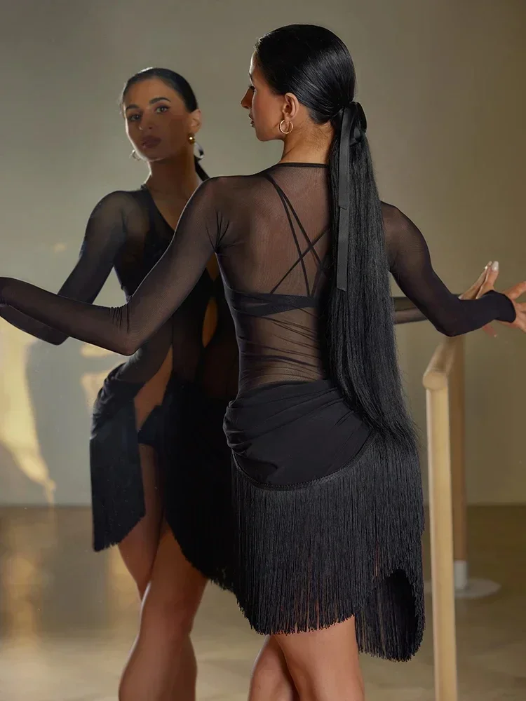 Robe Sexy à franges en maille pour danse latine, avec soutien-gorge, pour salle de bal, pratique latine, vêtements de scène, ZYMdancestyle Meshe