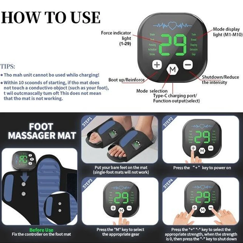 EMS Foot Massager Shoes Electric Muscle Stimulation Pad with 10Mode for Relaxation Pain Relief Circulation Home Use Rechargeable