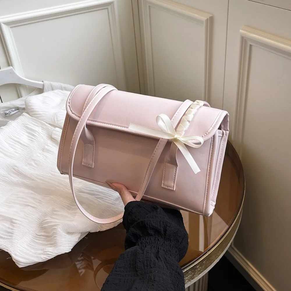 

Trendy Solid Color Bow Ribbons Shoulder Bag Leisure Y2k Large Capacity Underarm Bag Pu Leather Sweet Women's Handbag Daily