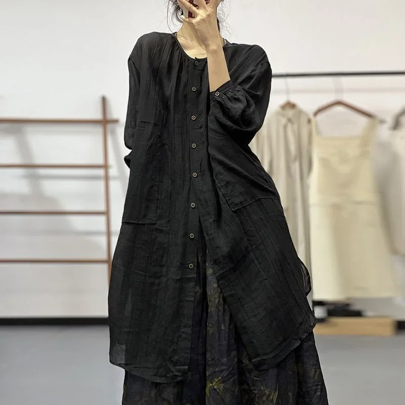 

2025 New Summer Thin Literary Cotton Ramie Blouse Women Single Breast Long Blouses O Neck Three Quarter Sleeve Womens Shirt