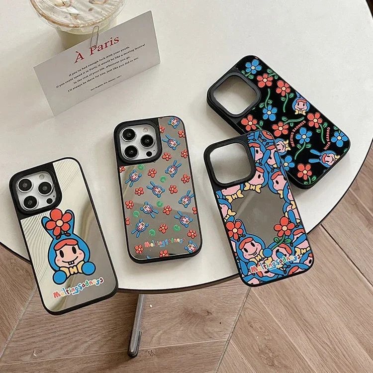 

Cartoon Flower Rabbit Mirror Surface Phone Case Cover for IPhone 11 12 13 14 15 16 Pro Max Case for IPhone 16 Pro Max