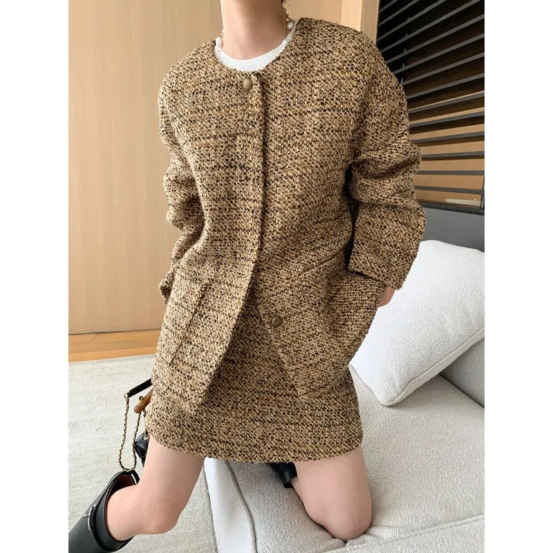 

Высококачественный свободный твидовый жакет с высокой талией, утягивающий комплект мини-юбки, осень-зима, новая мода, комплект из двух предметов, женская одежда