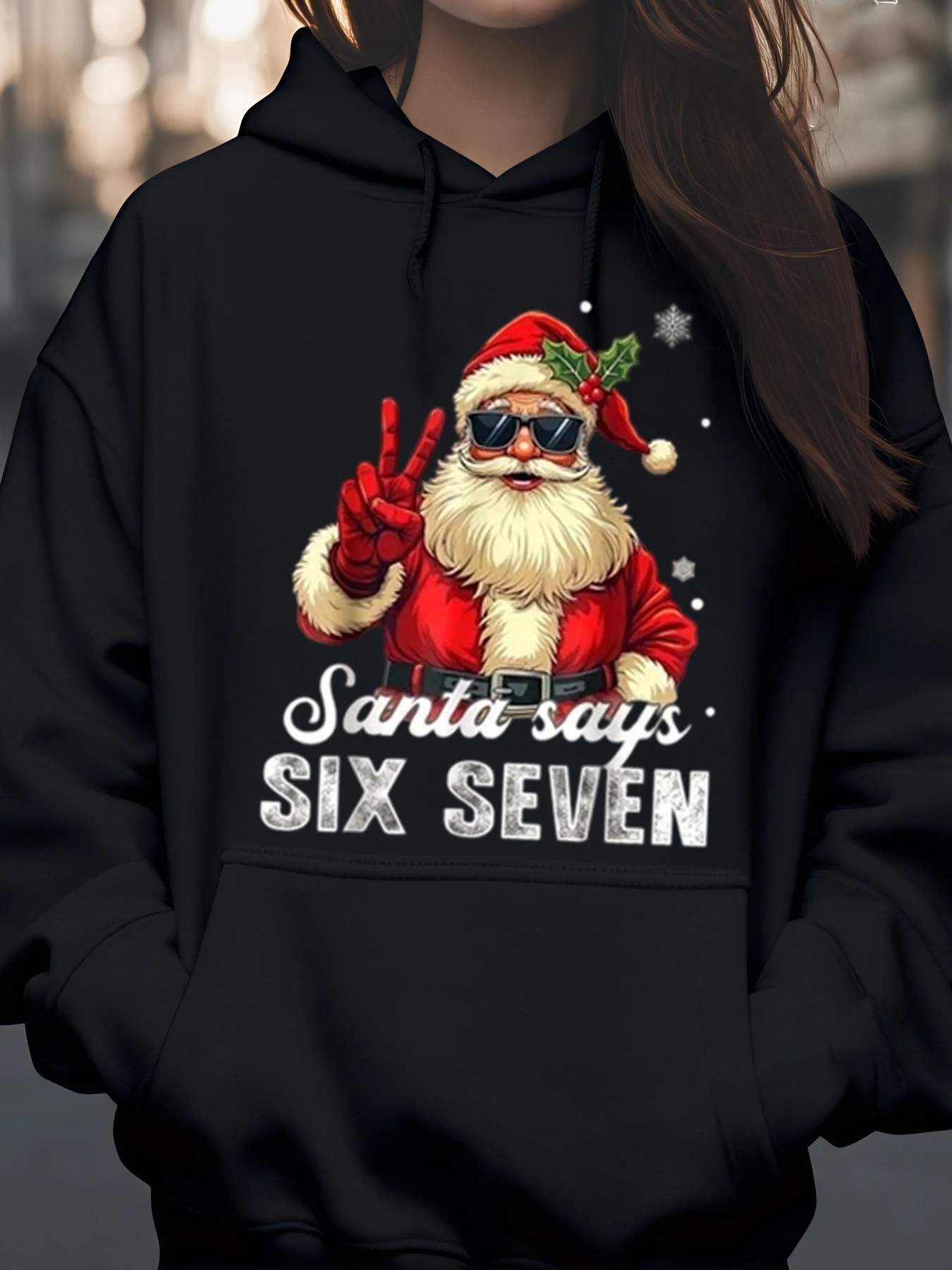 เสื้อฮู้ดพิมพ์ลายซานตาคลอสพร้อมสัญลักษณ์สันติภาพสำหรับคริสต์มาส  ชุดลำลองสำหรับผู้หญิงและผู้ชาย