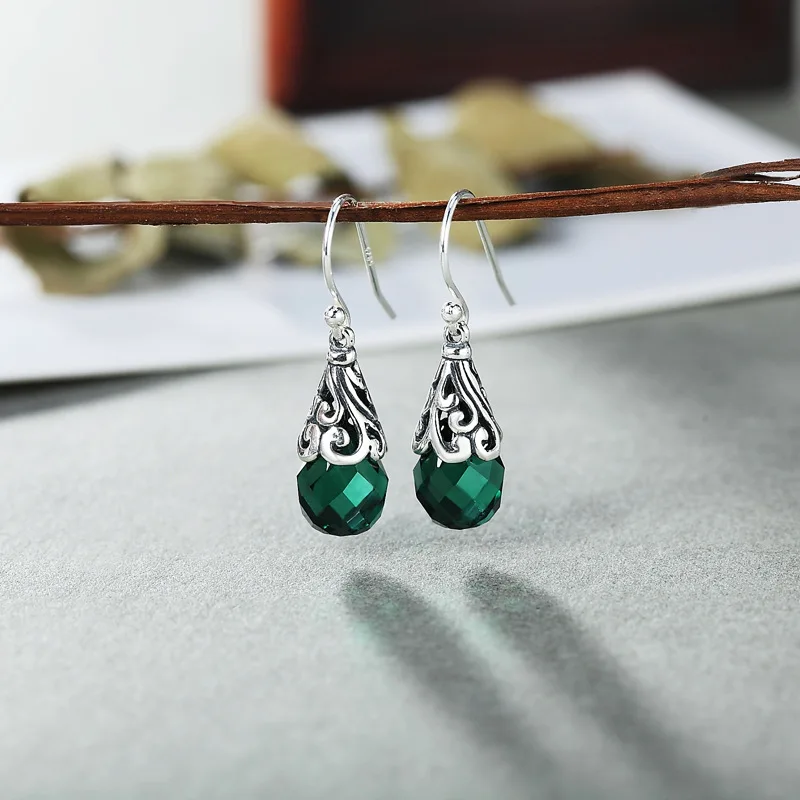 BOCAI 925 Sterling Silver Drop for Earrings for Women Retro Hollow Flowers Inlaid Tangent Plane Green Crystal Ear Drop  Jewelry