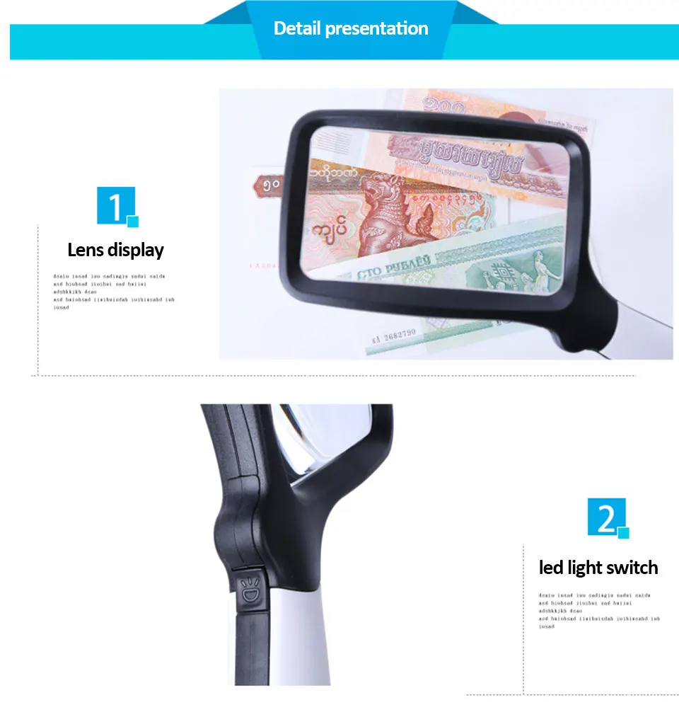 Tragbare quadratische Klapplupe mit 5 LED-Leuchten, professionelle hochauflösende optische Lupe zum Lesen älterer Menschen – Detail 9