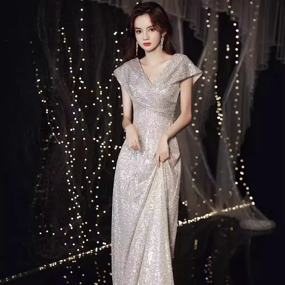 Banquet Evening Dress 2024 New High Sense Sequins Special Interest Light Luxury Performance Host's Women's Clothing