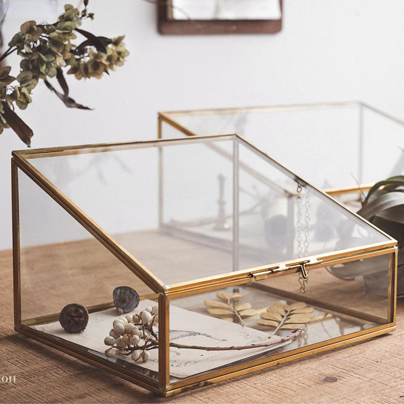 Trapezoidal Multilateral Vintage Copper Trim Glass Jewelry Box Decoration Princess Jewelry Storage Display Box Accessories