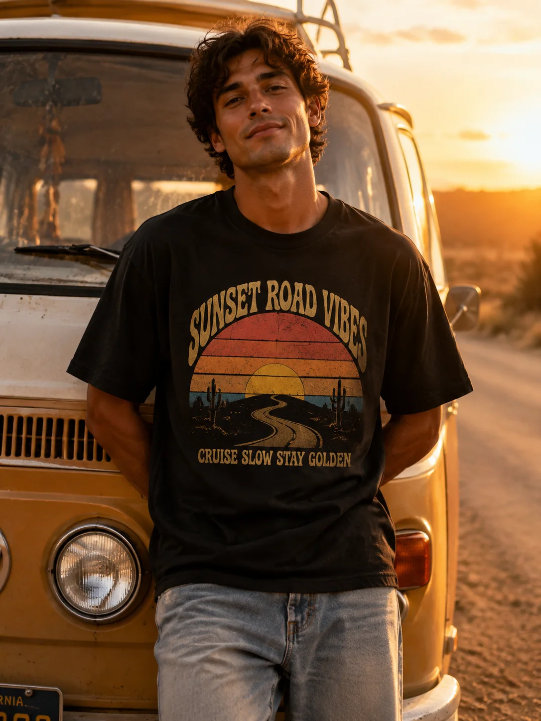 

Men Graphic T Shirt Short Sleeve Loose Fit 50% Cotton 50% Polyester Stretch Fabric Vintage Sunset Road Print Casual Summer