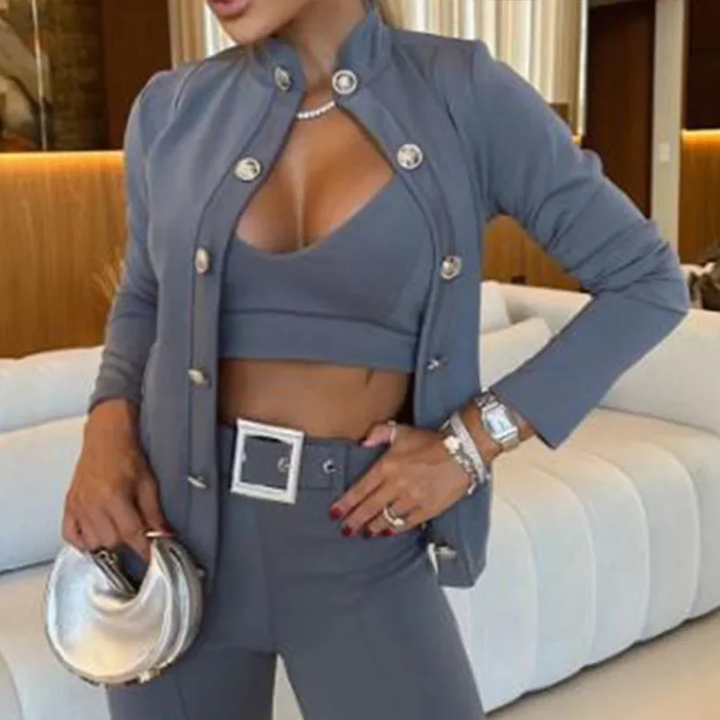 أزياء شارع العليا بأكمام طويلة أبلى جديد الخريف عارضة مزدوجة الصدر ضئيلة سترة السيدات الوقوف طوق الصلبة التنقل معطف