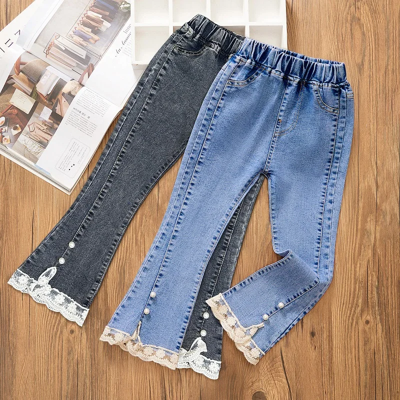 Girls\' Jeans Spring and Autumn New Casual 3-12 Year Old Children\'s Loose Flare Pants Lace Pearl Girls\' Denim Pants