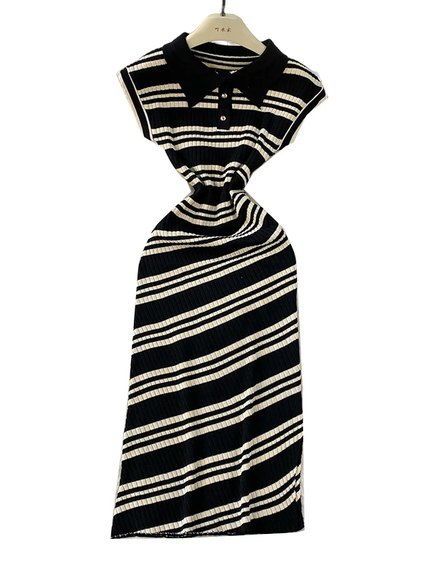 한국 스타일 폴로 칼라 니트 드레스 여성 여름 하이 웨이스트 플리츠 슬리밍 스트라이프 비대칭 슬릿 롱 드레스