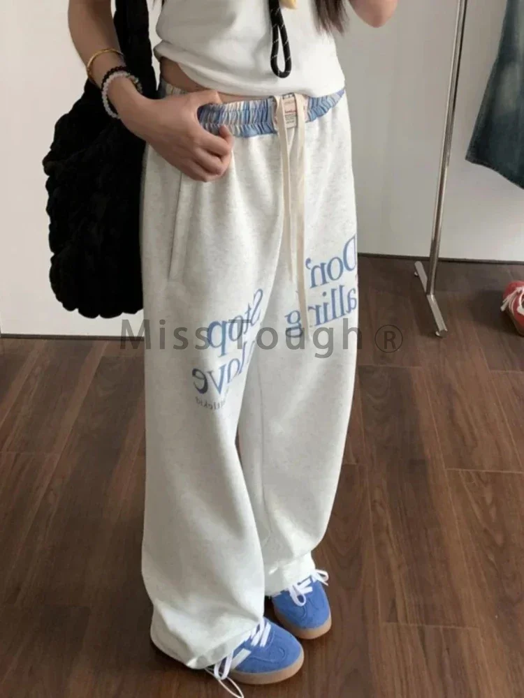 Harajuku Vintage Sweatpants Baggy Women Korea Preppy Style Retro Trousers Streetwear Y2k Letter Printed Wide Leg Patchwork Pants