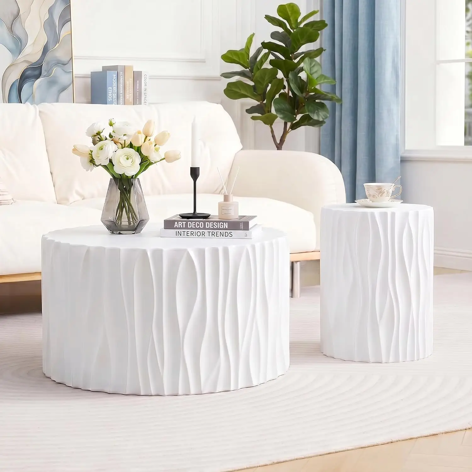 Round Wavy Fluted Coffee Table Set 2 White Concrete Drum End Tables Living Room Office Magnesium Oxide Assembled, Customized