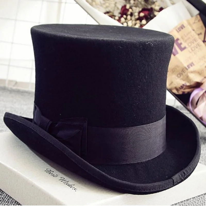 Fedoras Wool Feather Magic high hat British black jazz top hat male gentleman flat felt hat Webbing sombrero de copa británico